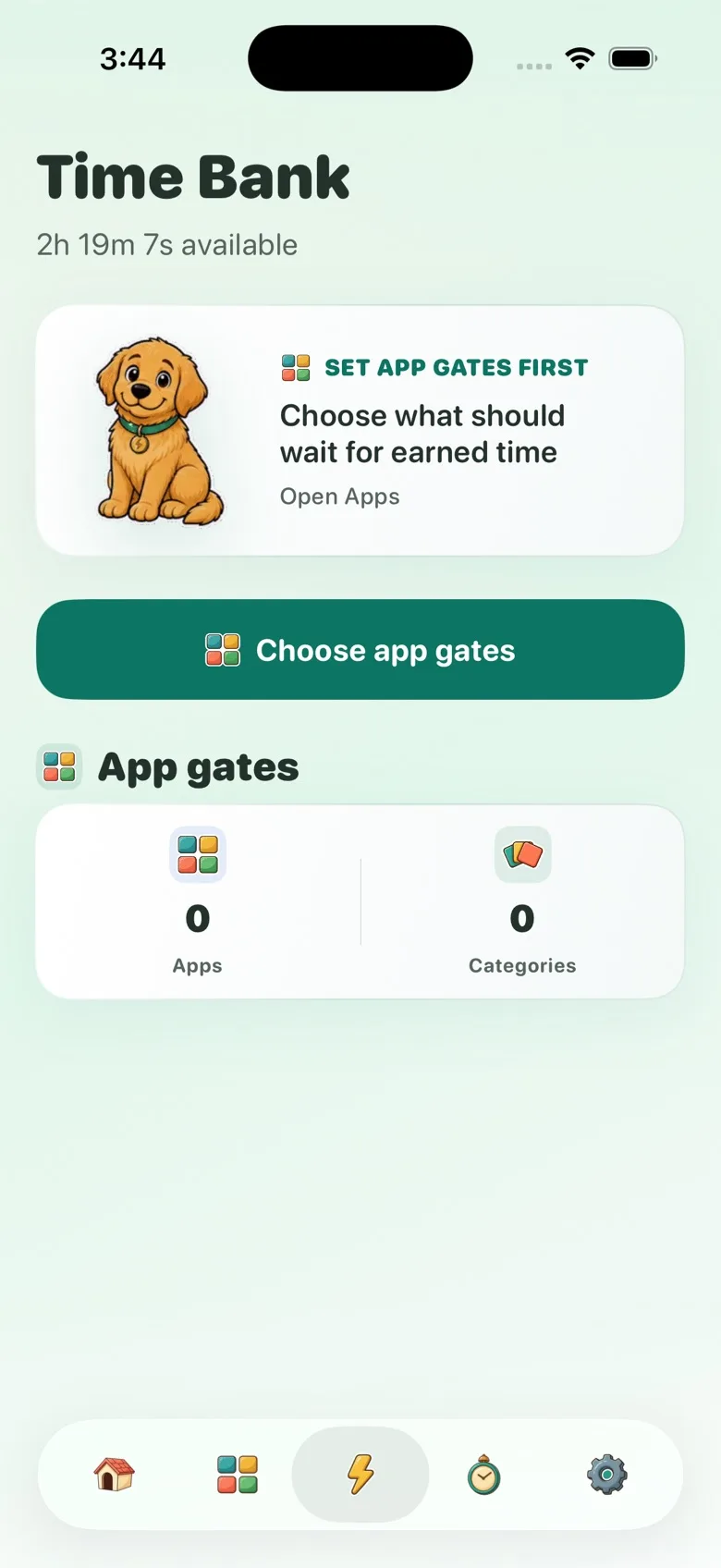 Sparky Time Bank screen showing 2 hours 19 minutes of earned app time available