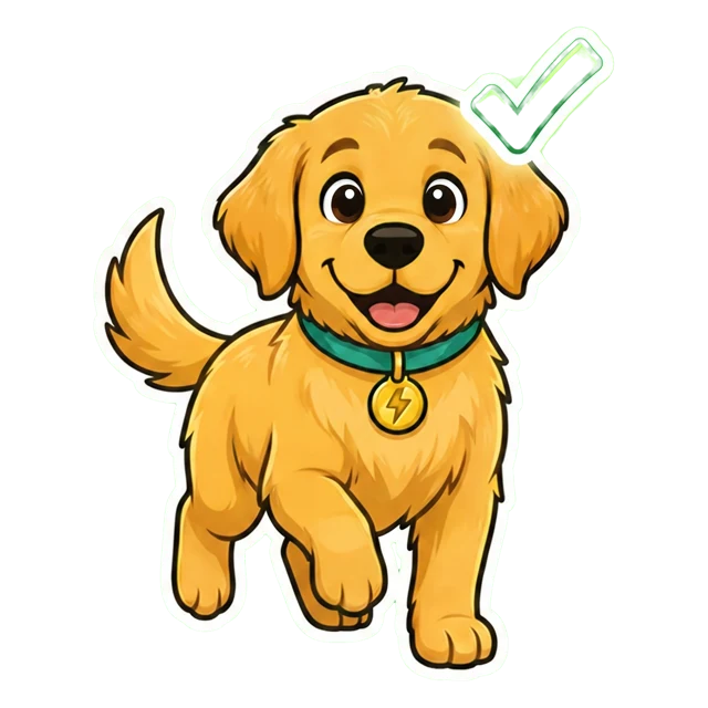 Sparky the golden retriever trotting happily next to a big green checkmark